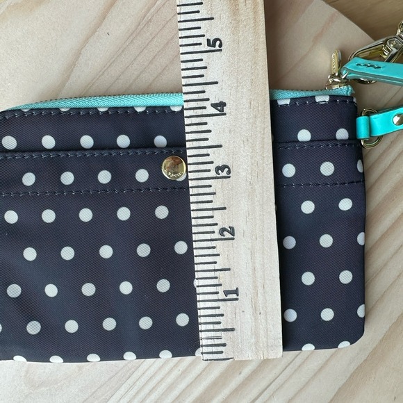 Fossil Wristlet Keyper Zip Around Polka Dot Teal Blue Black White 6" x 4" EUC - Picture 8 of 9